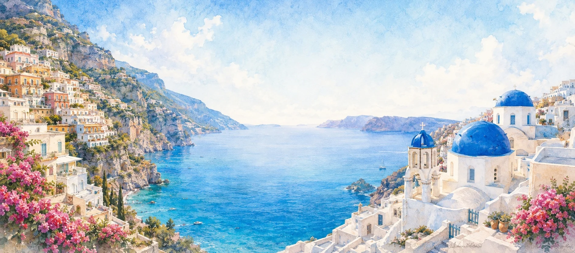 Costa Amalfitana e Santorini em aquarela